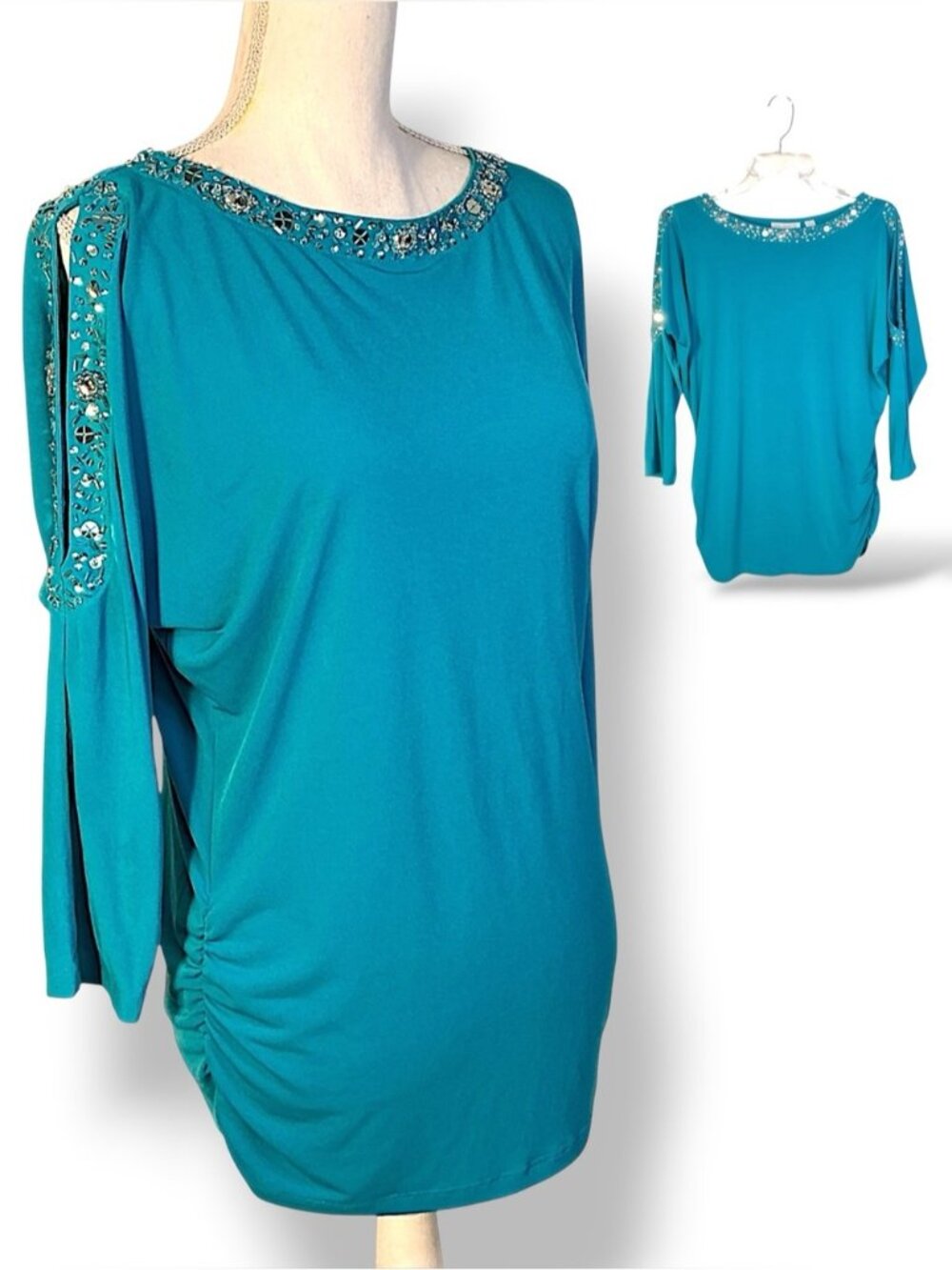 Susan Graver Top Liquid Knit Cold Shoulder Embellished 3/4 Sleeve  Turquoise